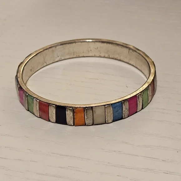 Silver multi-color inlay stone Bangle - Picture 3 of 5